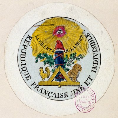Französische Revolution: Siegel dekoriert mit Symbolen der Republik und der Freimaurerindustrie. Gravur von Philippe Auguste Hennequin (1762-1833) 1792 Paris, Carnavalet Museum von Philippe Auguste Hennequin