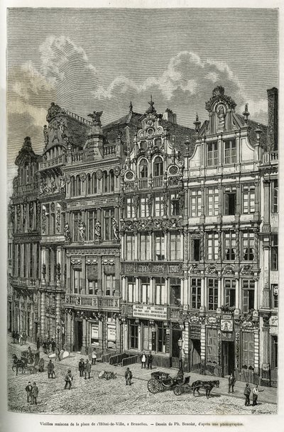 Alte Häuser auf dem Rathausplatz in Brüssel. Gravur von Ph. Benoist, zur Illustration der Geschichte Belgiens von Camille Lemonnier, veröffentlicht in Le tour du monde, unter der Leitung von Edouard Charton (1807-1890), Paris von Philippe Benoist