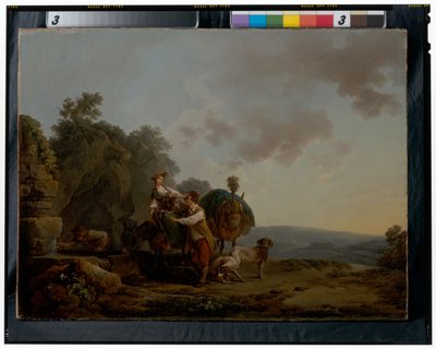 Reisende mit Hunden und schwer beladenen Maultieren an einem Brunnen von Philippe Jacques de Loutherbourg