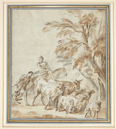Hirten mit Kühen und Schafen. Links ein Hirte mit einem Stab, neben ihm ein Hirte, der auf einem Pferd reitet. Rechts Bäume von Philippe Louis Parizeau