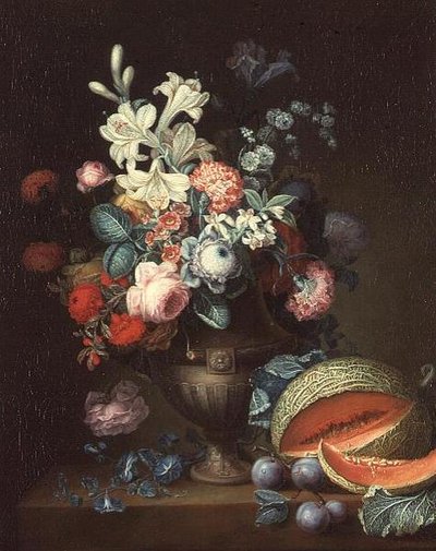 Stillleben mit Blumen in einer klassischen Vase und einer aufgeschnittenen Melone von Philippe Parpette