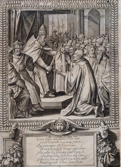 Tafel der Statuten des Ordens von Malta „Statuta Hospitalis Hervsalem“ (Erweichung eines Ritters durch einen Papst), von Philippe Thomassin, spätes 16. Jahrhundert von Philippe Thomassin