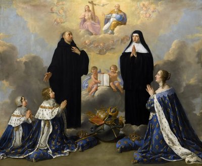 Anna von Österreich mit ihren Kindern, betend zur Heiligen Dreifaltigkeit mit den Heiligen Benedikt und Scholastika von Philippe de Champaigne