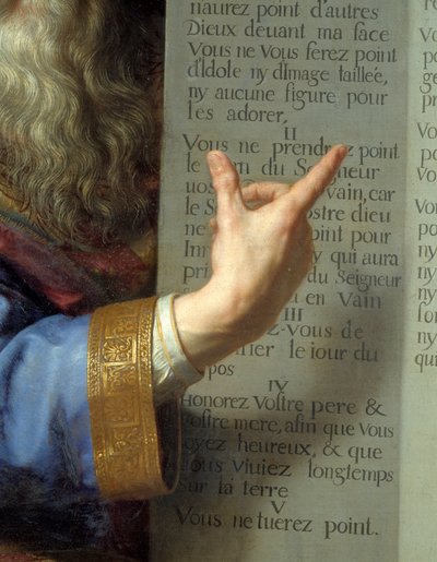 Moses und die Gesetzestafeln, Detail der Hand von Moses, die die Zehn Gebote zeigt von Philippe de Champaigne