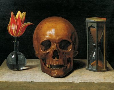 Vanitas Stillleben mit einer Tulpe, Schädel und Sanduhr von Philippe de Champaigne