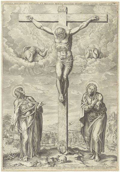 Christus am Kreuz flankiert von Maria und Johannes in einer Landschaft von Philippe de Soye
