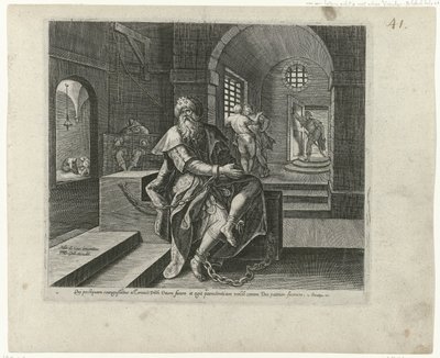 König Manasse im Gefängnis (Buße und Reue im Alten und Neuen Testament, Typus Divinae indulgentiae atqz misericordiae, erga eos quibus ex toto corde transgressionum poeni tet et ad dnm deum se convertunt) von Philips Galle (attributed to workshop of)