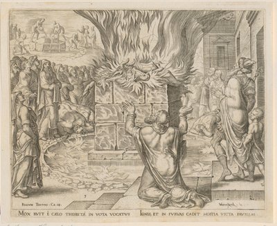 Elias Opfergabe wird durch das Feuer entzündet, Blatt 3 der Folge "Die Geschichte von Elias und den Priestern von Baal" von Philips Galle