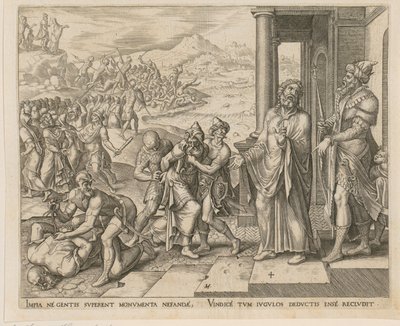 Ergreifung und Tötung der Priester Baals, Blatt 4 der Folge „Die Geschichte von Elias und den Priestern von Baal“ von Philips Galle