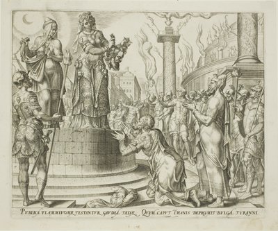 Judith zeigt den Menschen von Bethulia das Haupt des Holofernes, Platte sieben aus Die Geschichte von Judith und Holofernes von Philips Galle