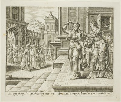 Judith bereitet sich vor, ins Lager der Feinde zu gehen, Platte vier aus Die Geschichte von Judith und Holofernes von Philips Galle