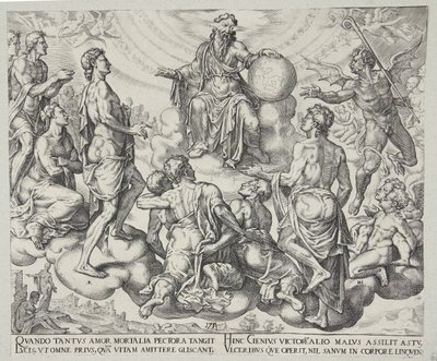 Satan fordert den Herrn heraus, Hiob seinen Schutz zu entziehen von Philips Galle