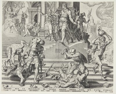 Die Zerstörung des Tempels von Baal und die Schlachtung seiner Priester von Philips Galle