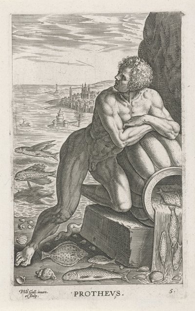 Meeresgott Proteus (Prothevs) (Fluss- und Meeresgötter) (Semideorum Marinorum amnicorumque sigillariae imagines perelegantes) von Philips Galle