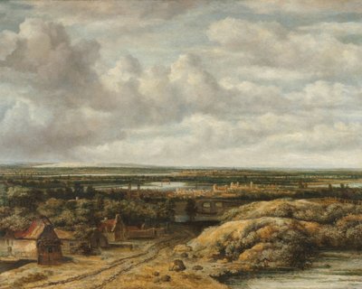 Fernsicht mit Hütten entlang einer Straße von Philips Koninck