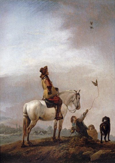 Ein Herr auf einem Pferd beobachtet einen Falkner von Philips Wouwerman