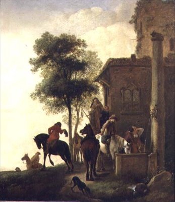 Reisende tränken ihre Pferde vor einem Gasthaus von Philips Wouwermans or Wouwerman