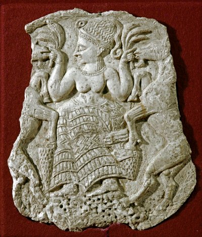 Phönizische Kunst: geschnitzter Elfenbein-Pyxide-Deckel, der eine mykenische Fruchtbarkeitsgöttin zeigt, die Ziegen nährt von Phoenician