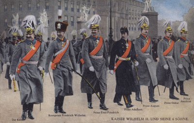 Kaiser Wilhelm II. von Deutschland und seine sechs Söhne in Militäruniform (farbiges Foto) von Photographer German