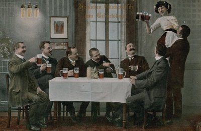Postkarte von Deutschen, die Bier trinken und Spaß mit der Kellnerin haben, gesendet 1913 von Photographer German