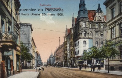 Straße in Kattowitz, Polen, Souvenirpostkarte zur Erinnerung an das Plebiszit in Oberschlesien am 20. März 1921 zur Festlegung eines Teils der Grenze zwischen Polen und Deutschland von Photographer German