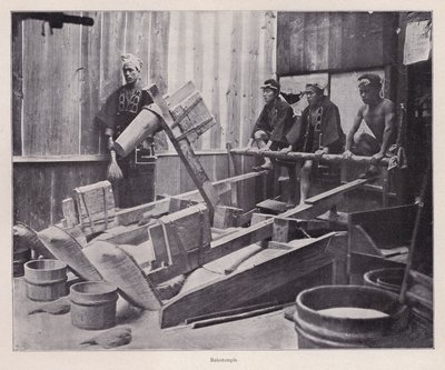 Reis entspelzen oder Reismehl herstellen mit einem Reishammer, Japan von Photographer Japanese