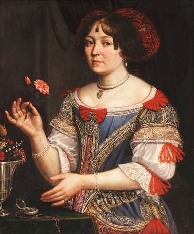 Porträt einer Dame, dreiviertellänge, in einem blau und rot bestickten Kleid von Pier Francesco Cittadini
