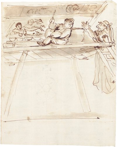 Eine Karikatur von Pier Francesco Mola unterbricht Giovanni Battista Passeri beim Malen einer Deckenverzierung einer liegenden Venus von Pier Francesco Mola