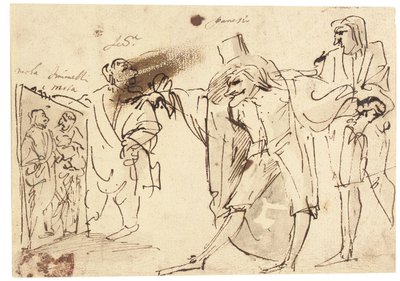 Karikatur des Künstlers, der ein Bild von sich und Simonelli dem Sammler Panesio und einem anderen Zuschauer präsentiert von Pier Francesco Mola