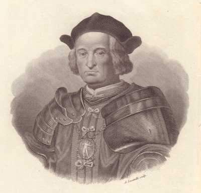 Porträt des italienischen Militärführers und Politikers Gian Giacomo Trivulzio (1440-1518), Kupferstich von Locatelli von Blaise Nicolas Le Sueur