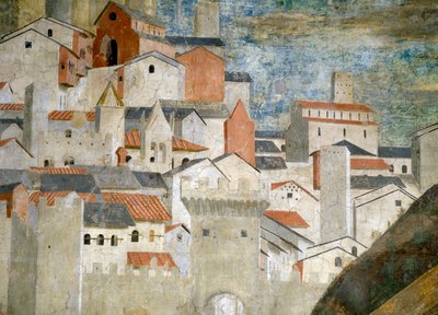 Die Königin von Saba verehrt die Brücke aus dem Holz des Wahren Kreuzes (Detail) von Piero della Francesca