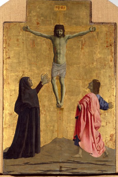 Polyptychon der Barmherzigkeit: Die Jungfrau der Barmherzigkeit, umgeben von Heiligen (Detail, zeigt die Kreuzigung mit der Inschrift „INRI“ am Kreuz) von Piero della Francesca