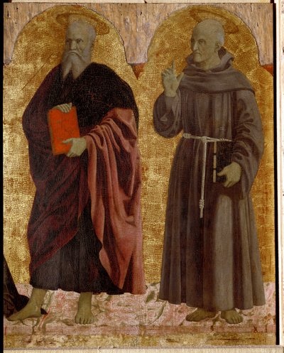 Polyptychon der Barmherzigkeit: Die Jungfrau der Barmherzigkeit, umgeben von Heiligen. Detail, der den Heiligen Andreas und den Heiligen Bernhardin von Siena darstellt von Piero della Francesca