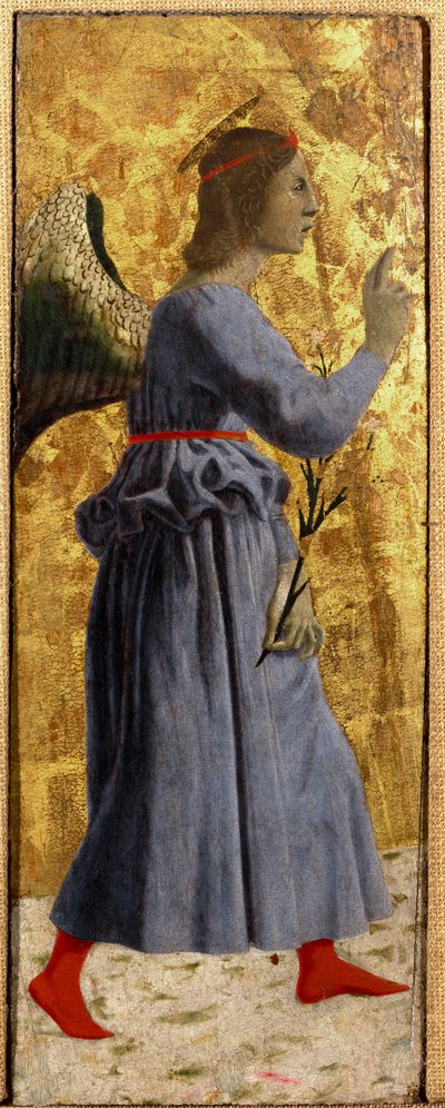 Polyptychon der Barmherzigkeit: Die Jungfrau der Barmherzigkeit, umgeben von Heiligen. Detail, der den Engel der Verkündigung darstellt. Gemälde auf Holz von Piero della Francesca. Sansepolcro, Pinacoteca Comunale von Piero della Francesca
