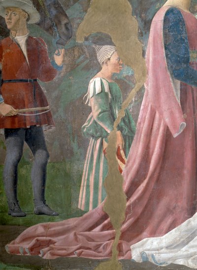 Die Legende vom Wahren Kreuz, die Königin von Saba verehrt das Holz des Kreuzes (Detail) von Piero della Francesca