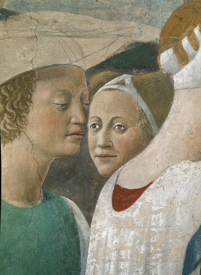 Die Legende vom Wahren Kreuz, die Königin von Saba verehrt das Holz des Kreuzes (Detail) von Piero della Francesca