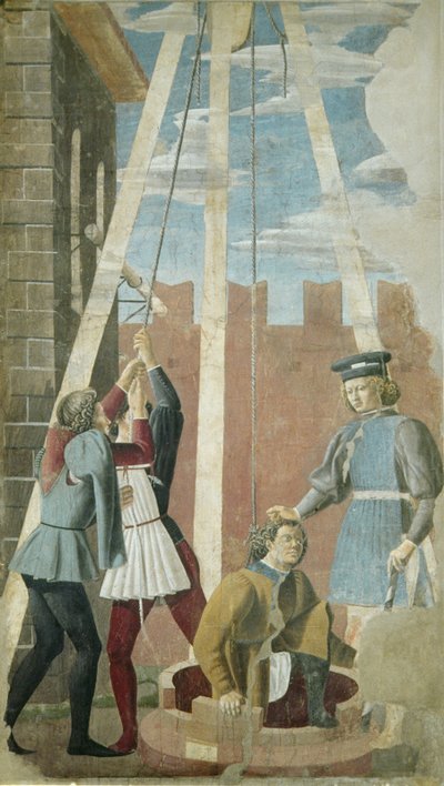 Folter des Juden: Judas wird aus dem Brunnen gezogen, aus dem Zyklus des Wahren Kreuzes, abgeschlossen 1464 von Piero della Francesca