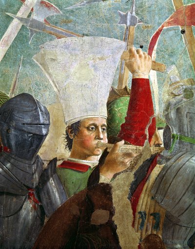 Trompeter (Detail) aus der Schlacht von Heraclius und Chosroes, aus dem Zyklus der Legende vom Wahren Kreuz, abgeschlossen 1464 von Piero della Francesca
