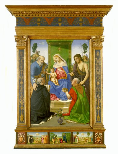 Madonna mit Kind auf dem Thron mit den Heiligen Petrus, Johannes der Täufer, Dominikus und Nikolaus von Bari von Piero di Cosimo