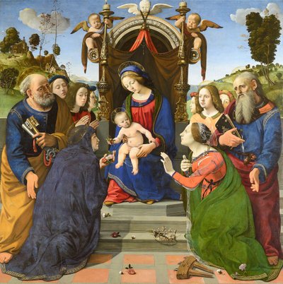 Madonna und Kind auf dem Thron mit den Heiligen Petrus, Johannes dem Evangelisten, Elisabeth von Ungarn (?), Katharina von Alexandrien und Engeln von Piero di Cosimo