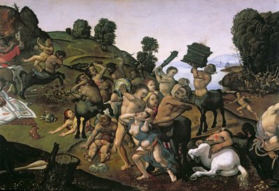 Der Kampf zwischen den Lapithen und den Kentauren, (Detail der Kentauren, die die Lapithen angreifen) ca. 1490er von Piero di Cosimo