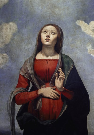 Die Jungfrau Maria mit der Taube des Heiligen Geistes über ihr, umgeben von sechs Heiligen (Detail) von Piero di Cosimo