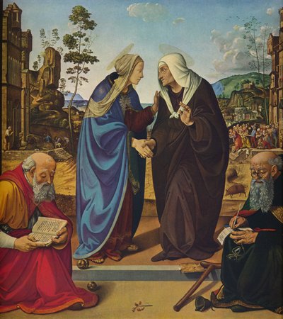 Die Heimsuchung mit den Heiligen Nikolaus und Antonius Abt, ca. 1489-1490 von Piero di Cosimo