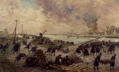 Belgische Truppen im Kampf an der Yser, Oktober 1914, Erster Weltkrieg, Belgien, 20. Jahrhundert von Pierre Ernest and Neymark Gustave Ballue
