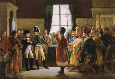 Alexander I. stellt Napoleon I. die Kalmücken, Kosaken und Baschkiren der russischen Armee am 9. Juli vor von Pierre Nolasque Bergeret