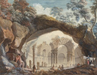 Architektonische Fantasie: Ruinen eines runden Tempels durch einen natürlichen Bogen gesehen von Pierre Adrien Paris