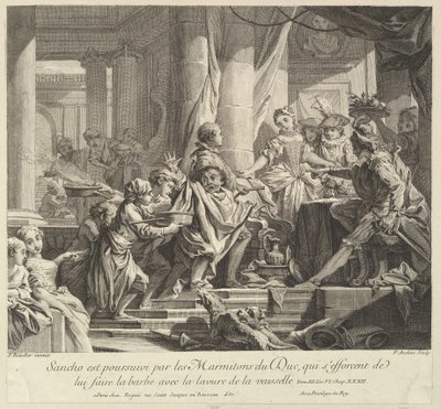 Sancho wird von den Küchenjungen des Herzogs verfolgt, 18. Jahrhundert von Pierre Alexandre Aveline