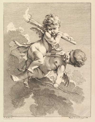 Zwei Cupidos, einer trägt eine Fackel, der andere einen Bogen von Pierre Alexandre Aveline