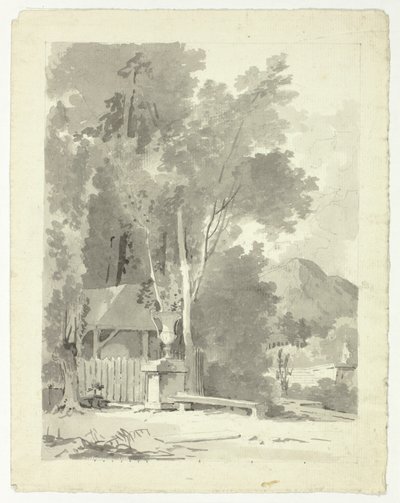 Klassische Urne vor einem Schuppen, mit Tempel und Berg im Hintergrund von Pierre Antoine Mongin