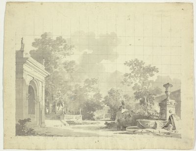 Ansicht des Parks von Versailles: Gewölbter Eingang zu einer Terrasse, Urnen und zerstörte Statuen von Pierre Antoine Mongin